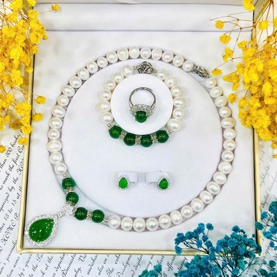 Bộ Trang Sức Ngọc Trai 9-10ly Mix Đá Mã Não Xanh Sang Trọng, Quý Phái - Ngọc Trai Trường Thịnh