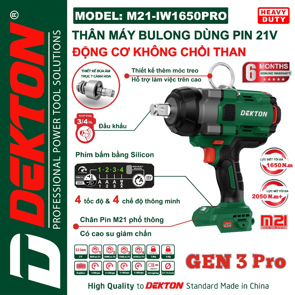 Thân máy siết bulong pin DEKTON M21-IW1650PRO, 1650Nm, 4 Tốc độ, 4 chế độ thông minh, Bulong 3/4