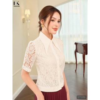  Áo Sơ Mi Ren Croptop Phối Gấu Nẹp Cổ Thời Trang Công Sở NK Fashion Nữ Tính Vải Ren Mềm Mịn NKSM2508002 