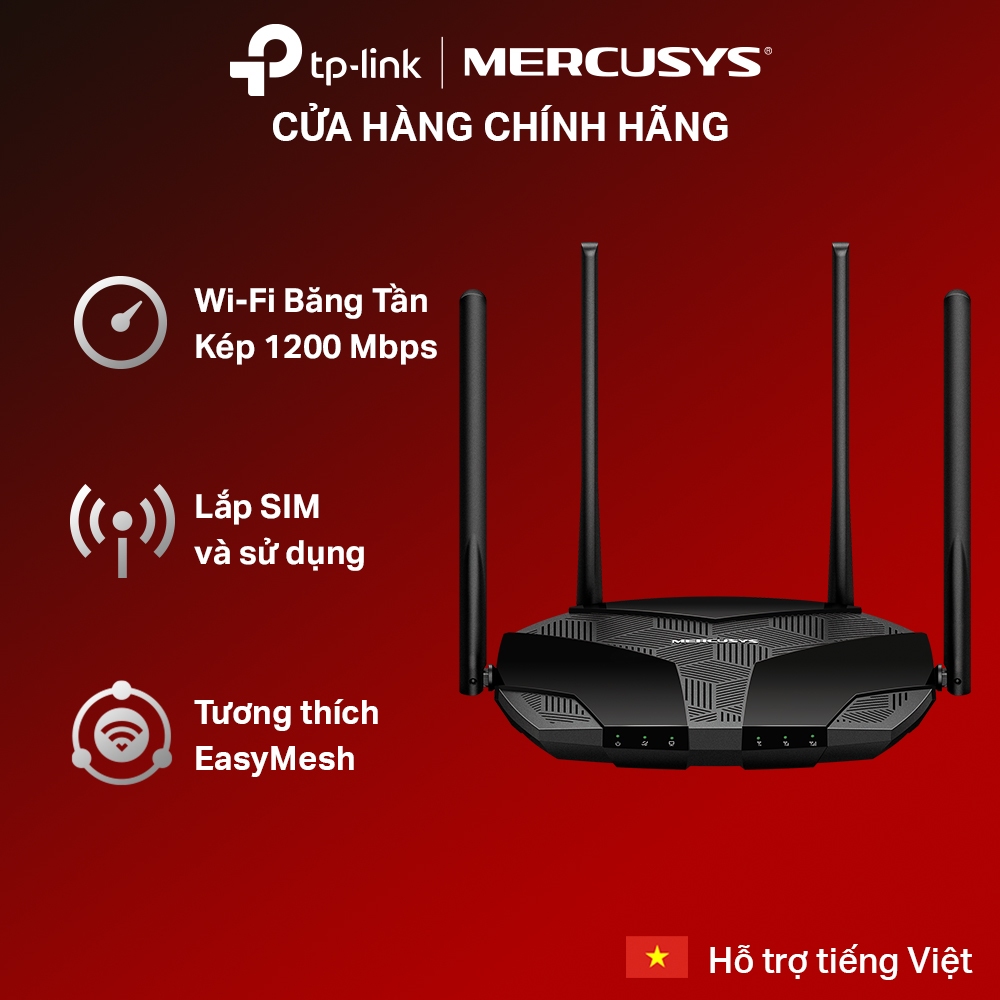 Router Wi-Fi AC1200 Mercusys MB235-4G AC1200 | Băng Tần Kép, Hỗ trợ 4G+ Cat6, EasyMesh, Tốc độ Gigab