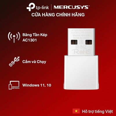 USB Wi-Fi Mercusys MA30N AC1300 Băng Tần Kép | Thiết Kế Nano Gọn Nhẹ, Tương Thích Windows 10/11, Cắm Và Sử Dụng