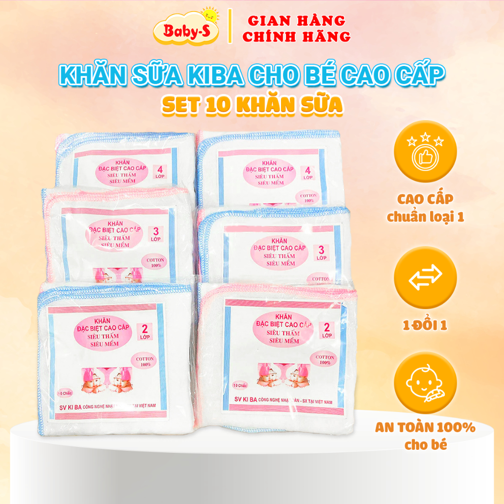 Khăn Sữa Cho Bé Kiba Siêu Mềm Siêu Thấm Chuyên Dụng Tiện Lợi (Set 10 Khăn) Baby-S – SKH005