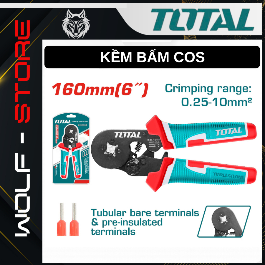Kềm Bấm Cos Đầu Dây Cách Điện TOTAL THCPG2510 AWG23-7 (0.25-10mm²) Điều Chỉnh Lực