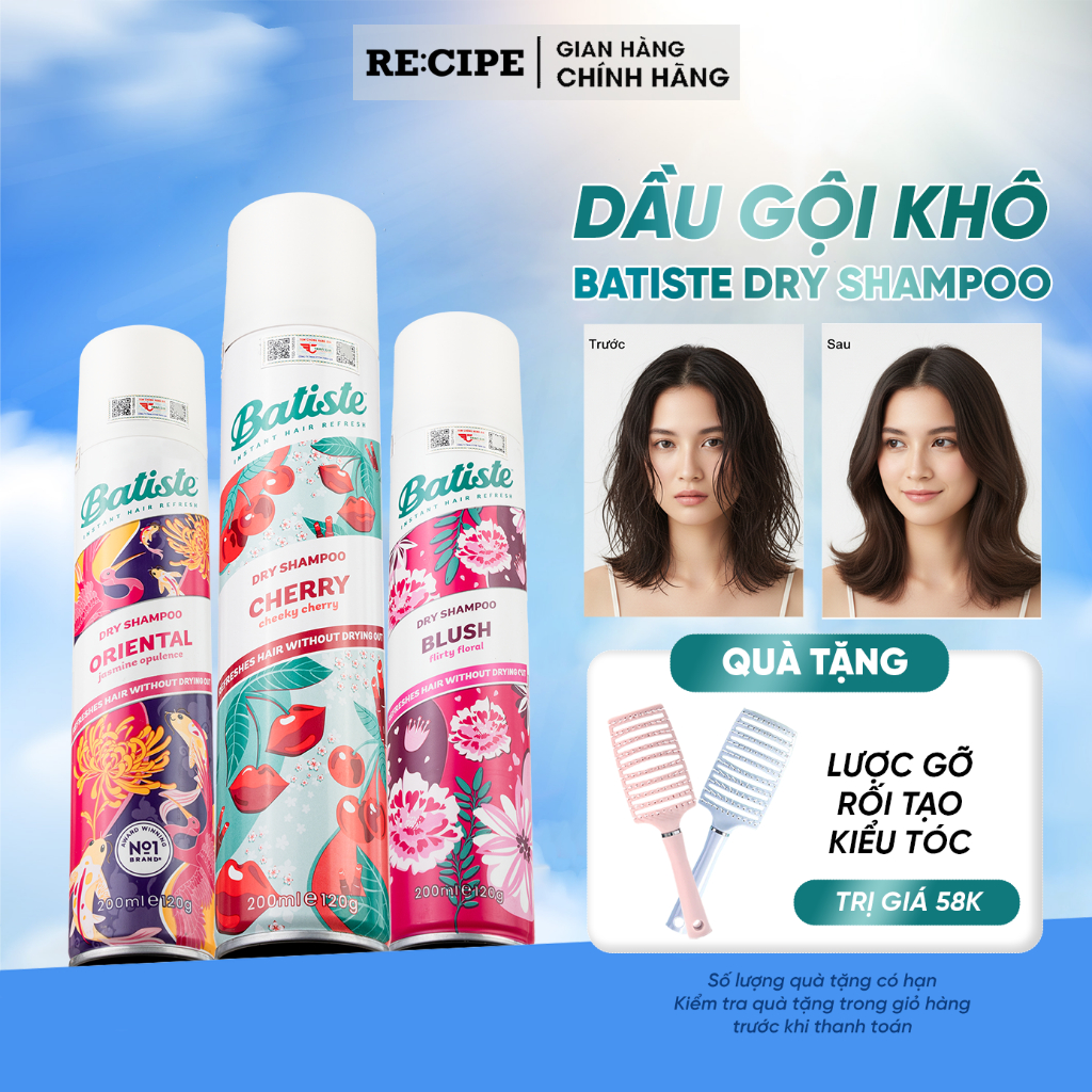 Dầu Gội Khô Batiste Dry Shampoo Giúp Tóc Bồng Bềnh Không Bết Dính Làm Phồng Tóc 200ml/50ml