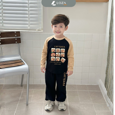 Bộ quần áo thu đông bé trai in hình Capybara - Đồ bộ bé trai size15-35kg Loza Kids BY001