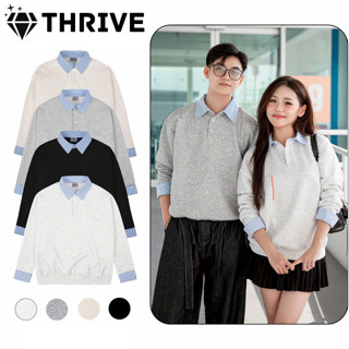  Áo Sweater Phối Cổ Sơ Mi Kẻ Dài Tay Liền Thân Áo Sweater Nam Nữ THRIVER Oversize Forrm Rộng Unisex. 