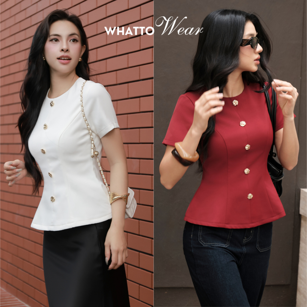 Natali Top - Áo Peplum cổ tròn tay ngắn phối nút vàng công sở hiện đại - WhatToWear