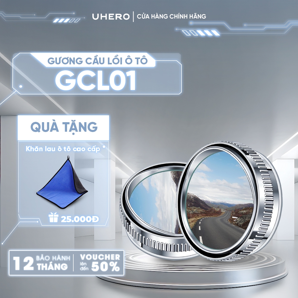 Cặp gương cầu lồi ô tô UHero GCL01 xóa điểm mù gắn gương chiếu hậu, đế hút chân không