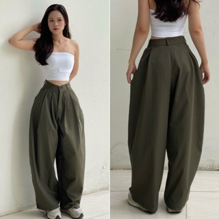  Gladimax Quần ống cong dáng rộng LY177 Nhún ly trước sau cá tính  Kaki Dày Dặn Sóng Giặt Máy Thoải Mái Phong Cách Đi Làm 