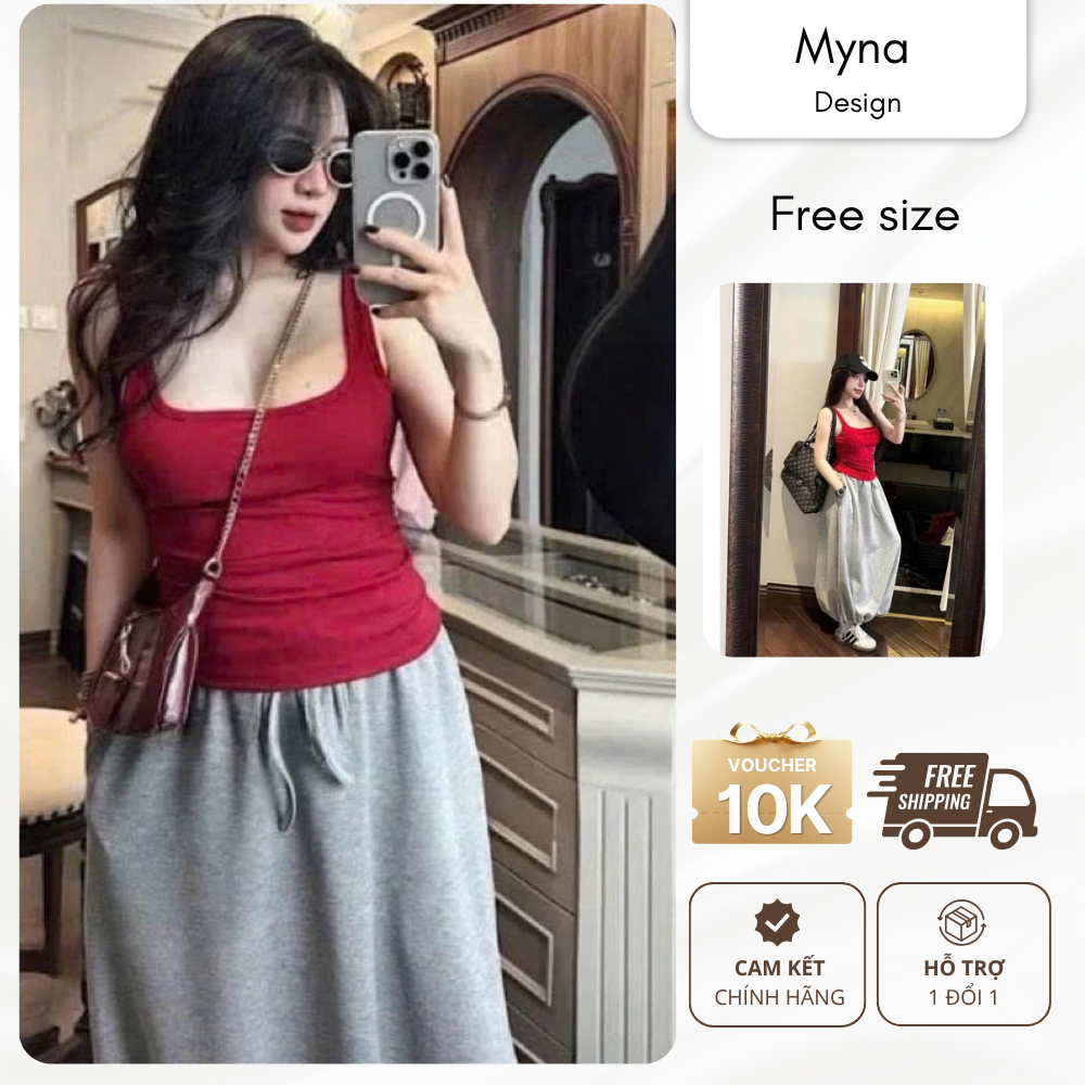 Set áo ba lỗ đỏ chun eo vạt bầu chất len zip kèm chân váy nỉ mềm bom dáng dài rút gấu Myna's Clothin