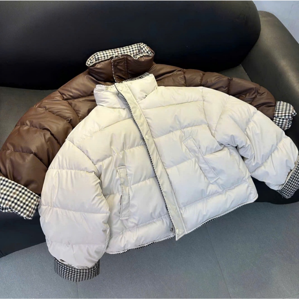 Áo Khoác Phao Da Nữ Phối Kẻ Caro Cao Cổ Cúc Bấm 2 Túi Freesize | BigBuy360 - bigbuy360.vn