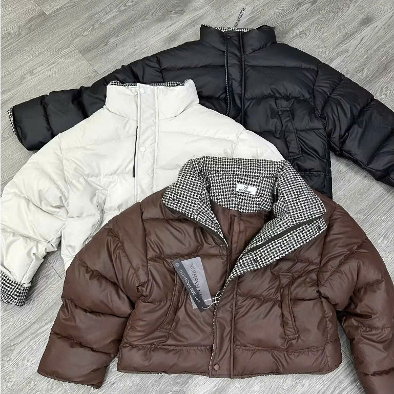 Áo Khoác Phao Da Nữ Phối Kẻ Caro Cao Cổ Cúc Bấm 2 Túi Freesize | BigBuy360 - bigbuy360.vn