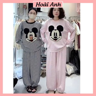  Set Bộ Đồ Nữ Kẻ Ngang Thêu Mickey Lông Nổi Áo Dài Tay Phối Bo Mix Quần Dài Ống Rộng Bo Chun Gấu 