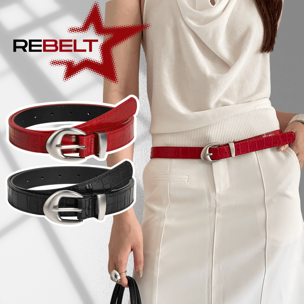 REBELT Y2K - Dây nịt nam nữ bản nhỏ họa tiết vân màu đỏ phong cách y2k khóa bạc bản 2.3cm TL602