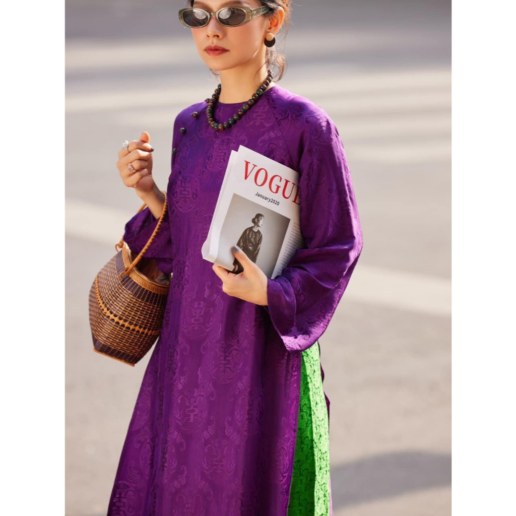 Vải lụa may áo dài, Họa tiết thọ dơi-15-Thọ dơi tím huế, Lụa cao cấp | Nhaxa Silk | Nhung Silk