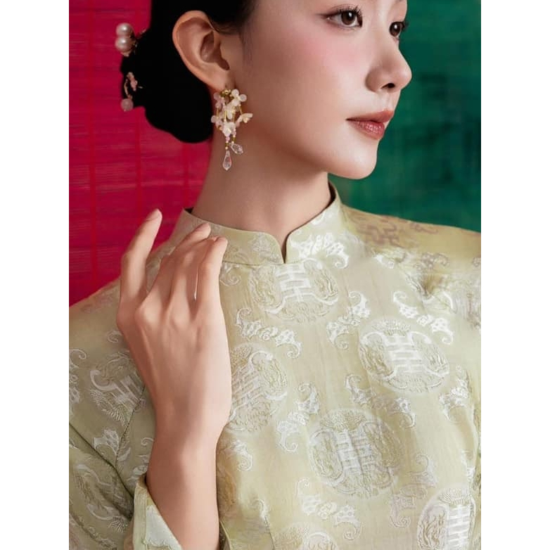 Vải lụa may áo dài, Họa tiết thọ dơi-16-Thọ dơi xanh bơ, Lụa cao cấp | Nhaxa Silk | Nhung Silk