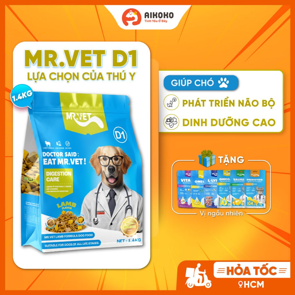  Hạt Mr.Vet D1 1.4kg Cho Chó - Có Topping Thịt Sấy - Hỗ Trợ Hệ Tiêu Hóa Toàn Diện - Aikoko 