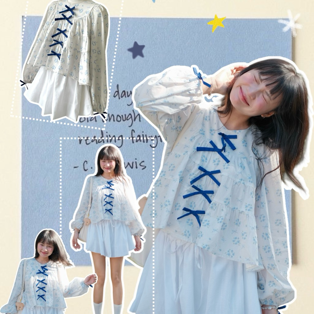 Jelly.stu - Nơ Top - Áo baby doll tay dài đính nơ