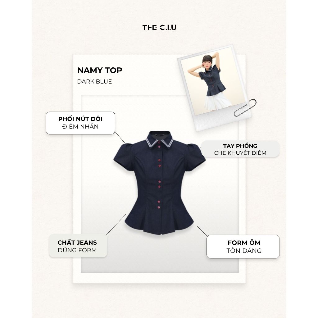 Áo peplum tay phồng cổ bẻ phối viền THE C.I.U, áo kiểu sơ mi dáng ôm chất denim thanh lịch - Namy Top | BigBuy360 - bigbuy360.vn