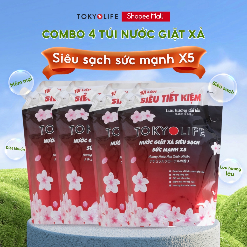 COMBO 4 Túi Nước Giặt Xả TOKYOLIFE Siêu Sạch Sức Mạnh X5 Hương Nước Hoa