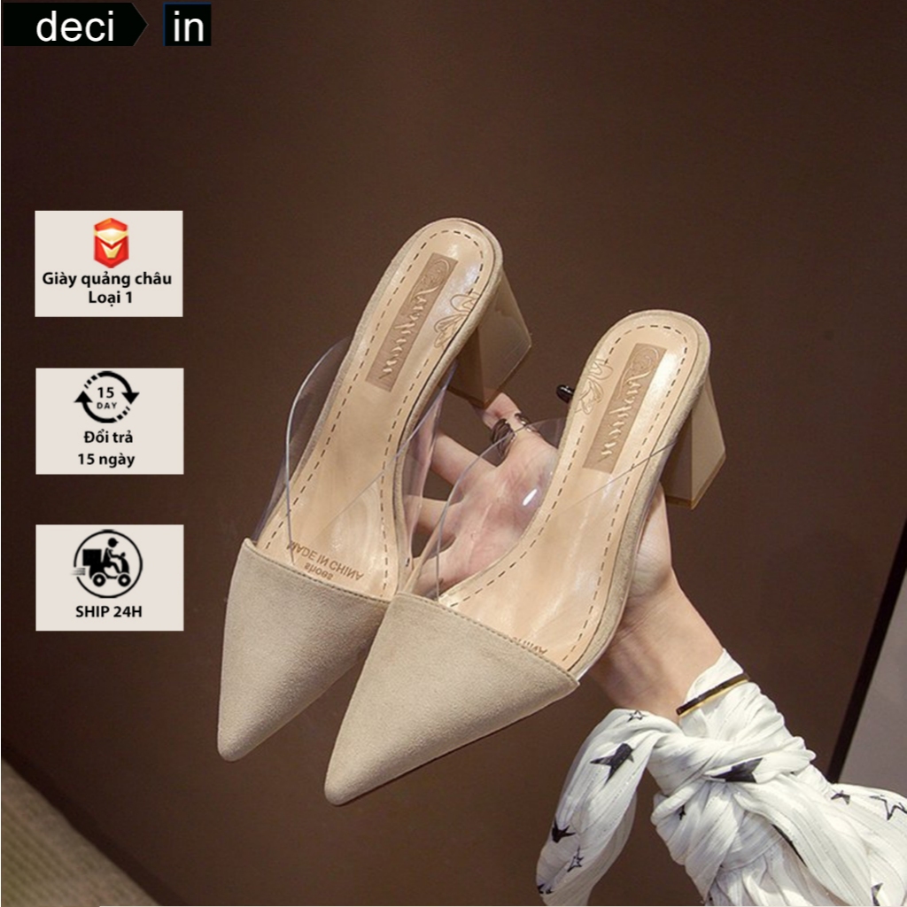 Guốc sục nữ cao gót dép đế vuông mũi nhọn quai trong 7 cm chuẩn hàng QUẢNG CHÂU loại 1