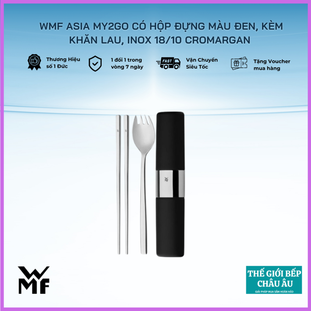 Bộ Đũa Thìa Cá Nhân WMF Asia My2Go Có Hộp Đựng Màu Đen, Kèm Khăn Lau, Chất Liệu Thép Không Gỉ