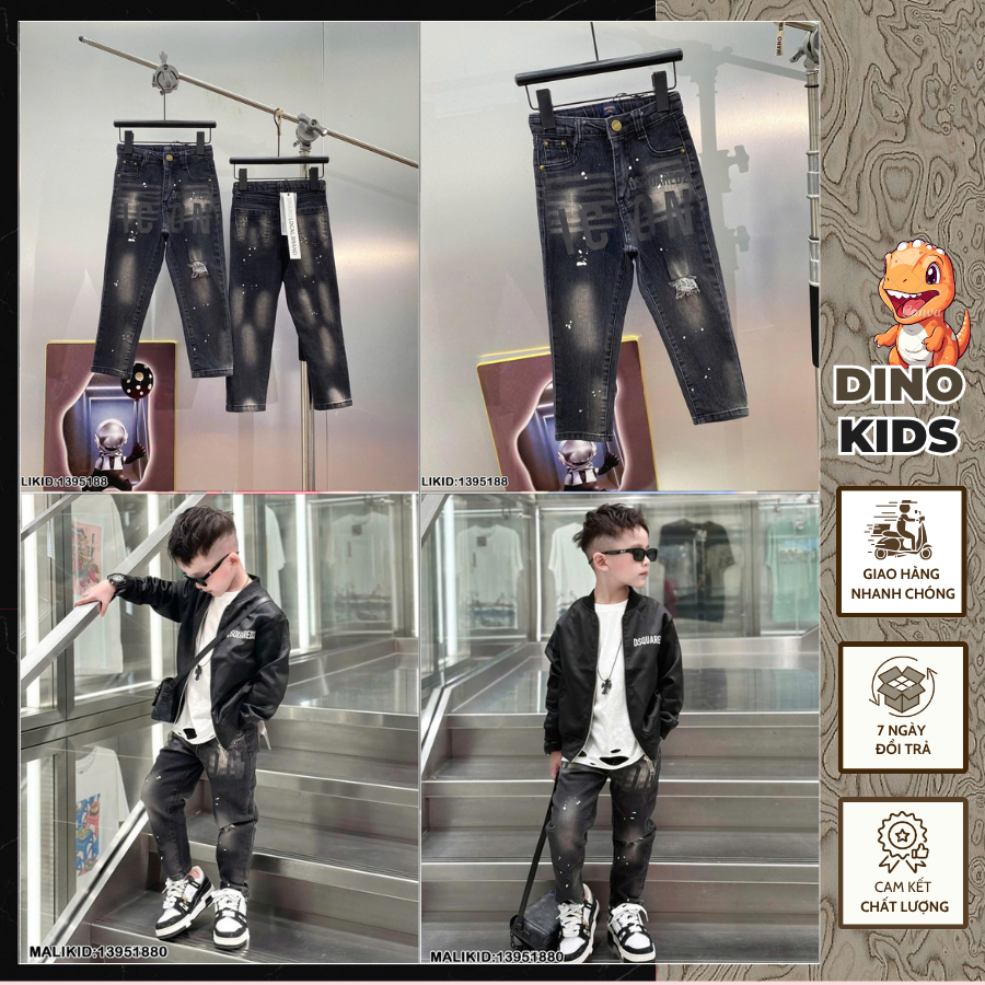 Quần Jean Bé Trai ICON In Chữ Rách Nhẹ Phong Cách Boy Phố