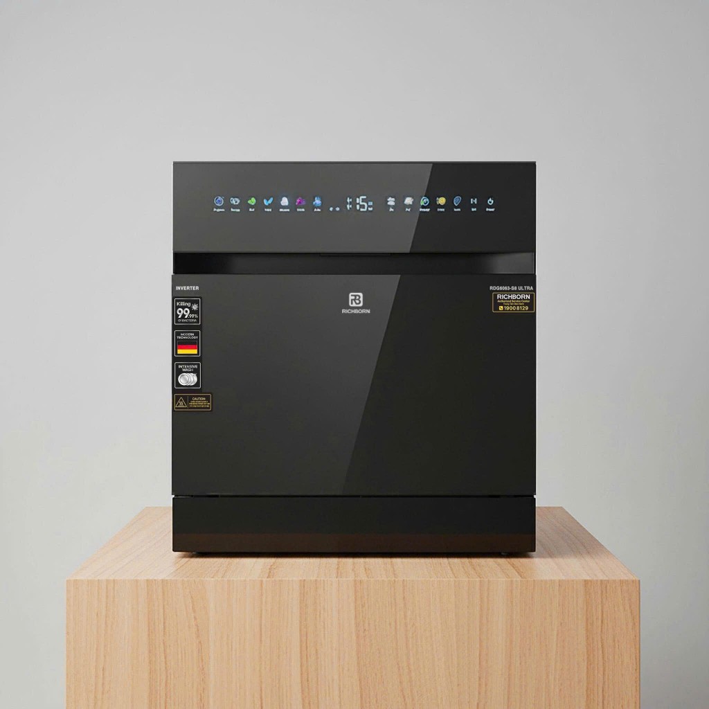 Máy rửa bát Richborn RDG6063-S8 Ultra, Sấy PTC, Động cơ BLDC, 3 tay phun, BH 3 năm, hàng chính hãng