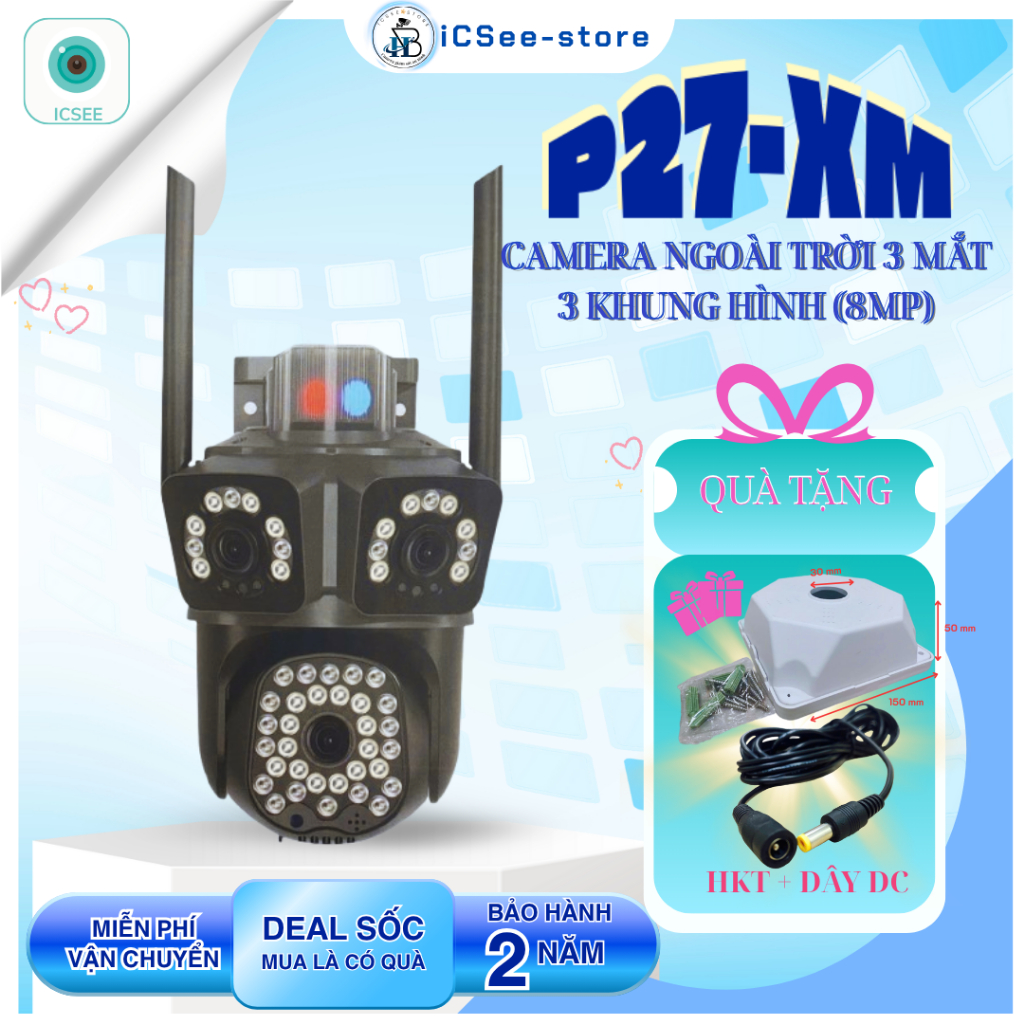 Camera iCSee P27-XM Camera ngoài trời 8MP 3 mắt 3 khung hình - hình ảnh full HD - đàm thoại 2 chiều