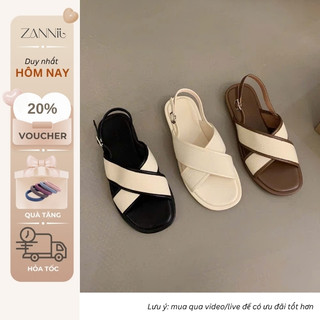 Dép Sandal Nữ Quai Bản To Đan Chéo Chất Da PU Mềm Đế Bệt Êm Chân Phong Cách Hàn Quốc