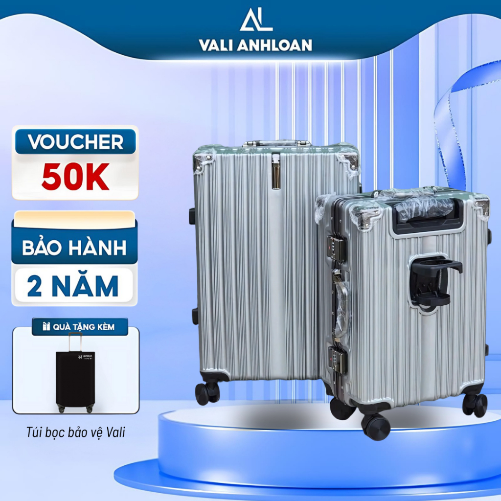 Vali khung nhôm khoá sập VL04, nhựa PC bóng cao cấp, có khay đựng cốc, móc treo đồ tiện ích, thời tr