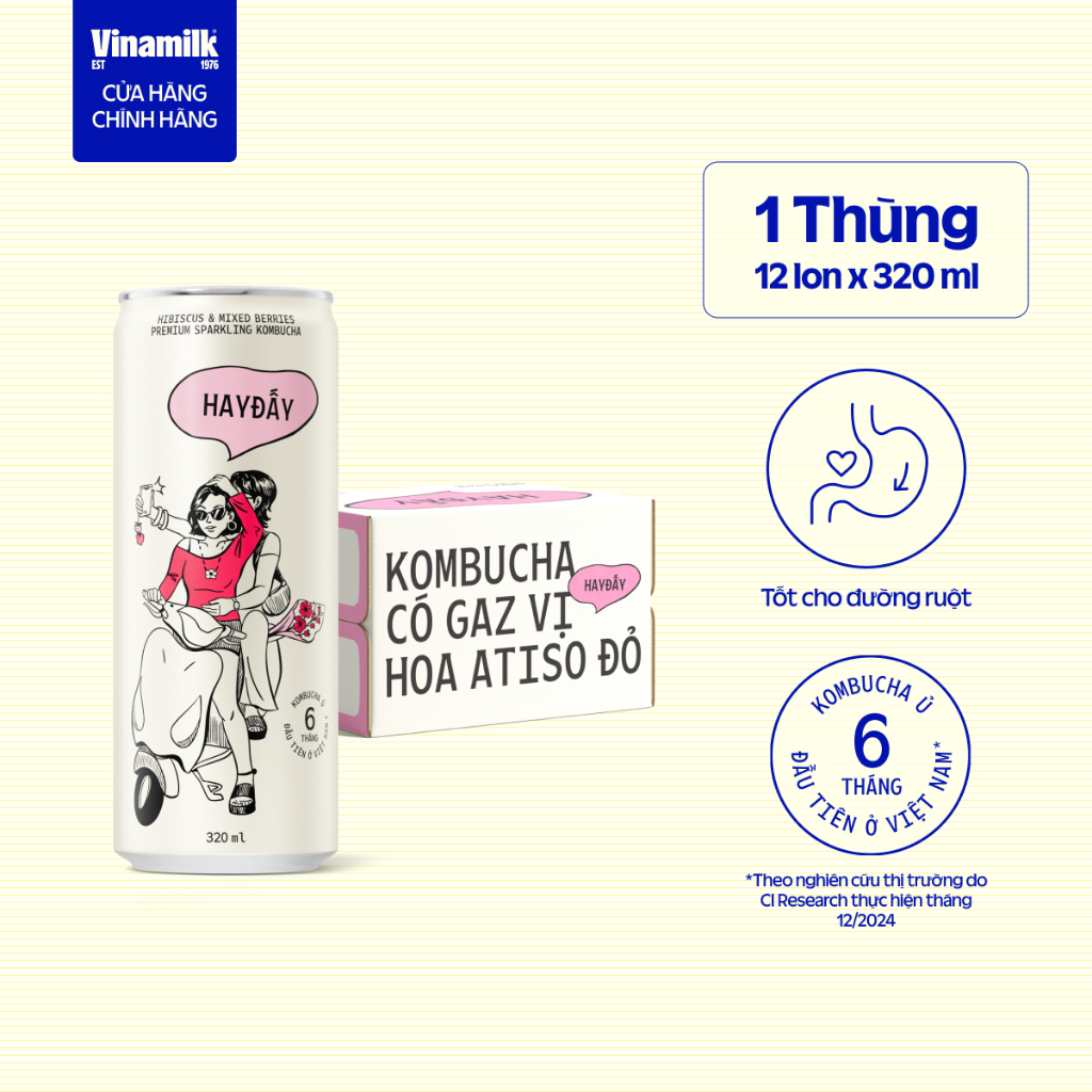 [CHỌN VỊ] Thùng 12 lon Kombucha HAY ĐẤY Có Gaz Nhiều Vị 320ml| [Có thể nhận bao bì Tết/ Thường]