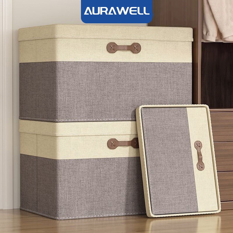 Hộp Vải Đựng Quần Áo AURAWELL Có Nắp, Chất liệu Bông Dày, có thể gấp gọn 60L/90L