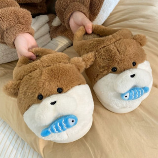  Dép bông đi trong nhà Gấu ngậm cá dễ thương lông mềm mại chống trơn trượt nam nữ unisex  Size to size 44  ~ Cún bé tí 