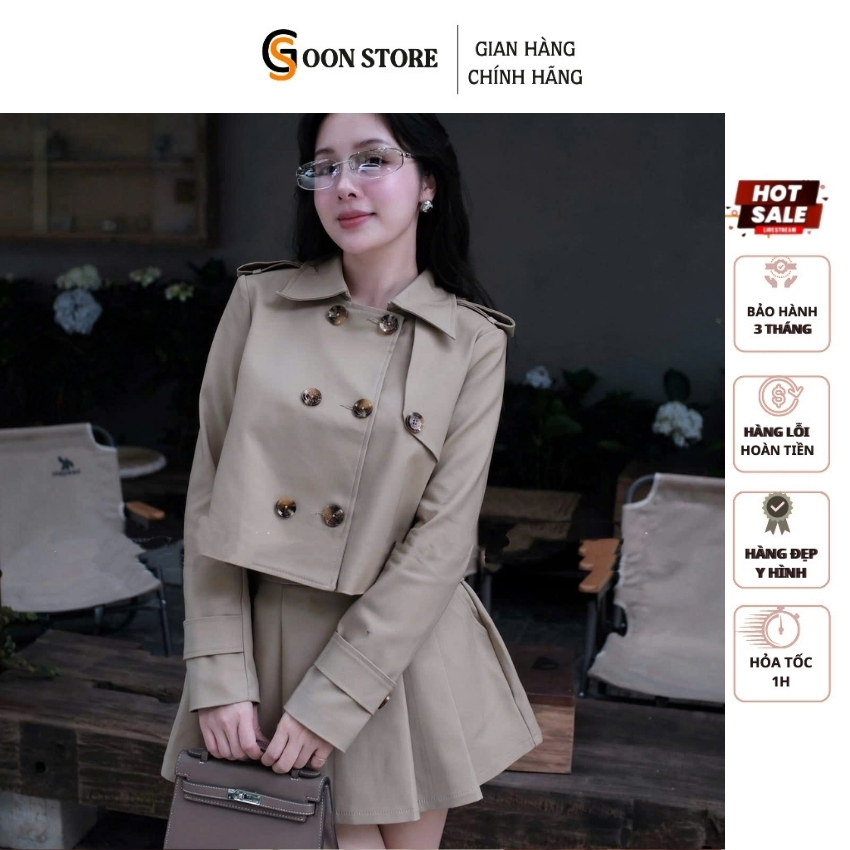 Set kaki áo Blazer ngắn khuy cúc tay dài phối chân váy suông xinh sang giàu Goon Store