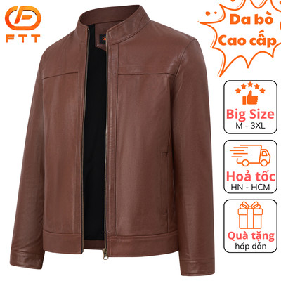 Áo khoác da bò nâu loang Racer Jacket viền ngang ngực FTT Leather da thật không bong, tróc, nổ AD204