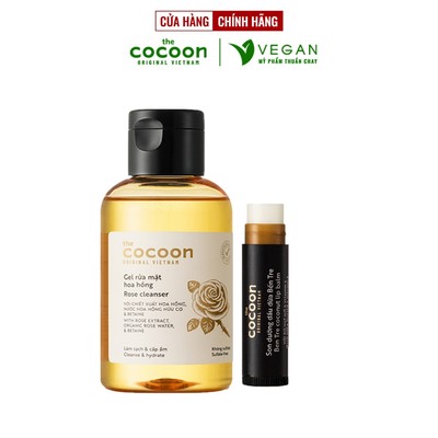 Combo gel rửa mặt hoa hồng cocoon 140ml + Son dưỡng môi dầu dừa bến tre cocoon 5g