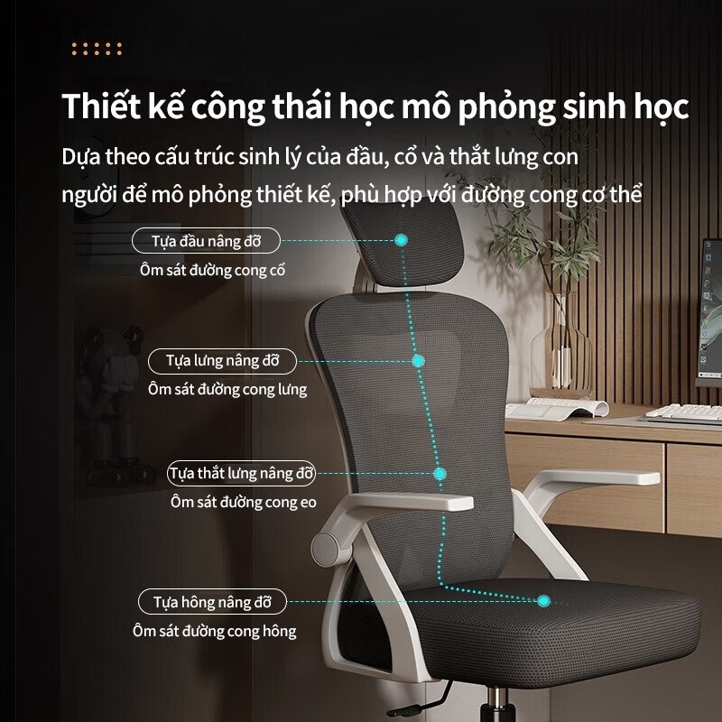 Lưng lưới 3D thoáng khí, tựa đầu, nâng đỡ hoàn hảo, tay vịn gập linh hoạt, xoay di chuyển nhẹ nhàng. | BigBuy360 - bigbuy360.vn