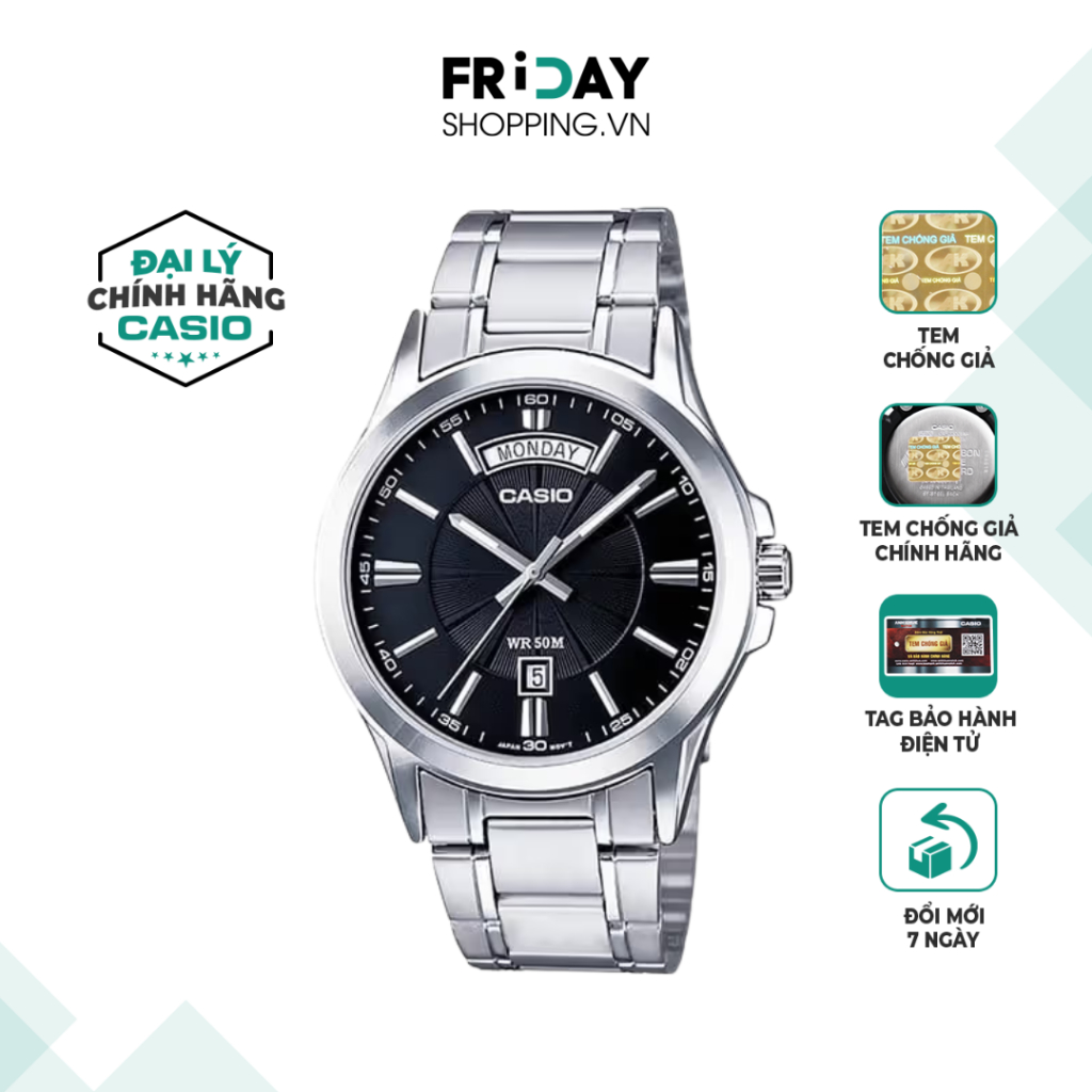 Đồng Hồ Casio Nam MTP-1381D-1AVDF Mặt Đen Dây Kim Loại Chính Hãng