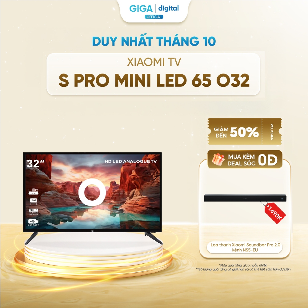 [Quà tặng mở bán] Tivi Xiaomi 65 Inch S Pro Mini LED 2026 – Màn hình 4K, tần số 144Hz - Kết nối Wi-Fi 6, Bluetooth 5.2