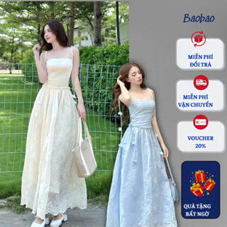  Váy maxi 2 dây màu trắng thêu hoa dáng dài đầm maxi voan tơ thêu hoa dáng dài Baobaostore_B207 