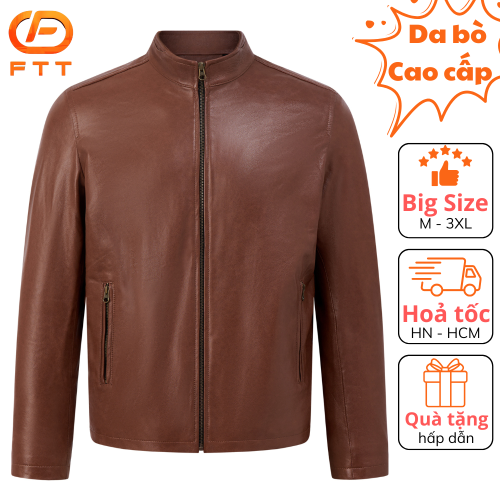 Áo khoác da bò nam nâu loang Racer Jacket cao cấp FTT Leather bền bỉ không bong, tróc, nổ AD213