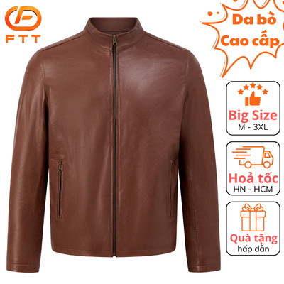 Áo khoác da bò nam nâu loang Racer Jacket cao cấp FTT Leather bền bỉ không bong, tróc, nổ AD213