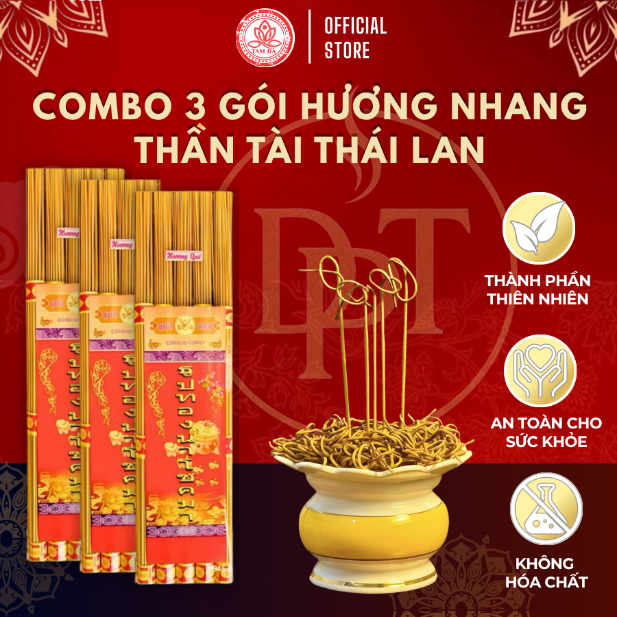 Combo 3 Gói Hương Nhang Thần Tài Thái Lan Tam Đa Cuộn Tàn Đồng Xu, Thơm Lâu, Khói Ít, Thanh Tịnh Cầu Tài Lộc 185 Nén