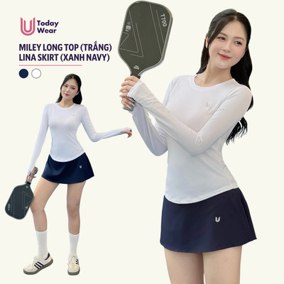 [THU ĐÔNG - DEAL HỜI MỞ BÁN] Set đồ tập áo Miley Long Top dài tay trắng mix chân váy Lina skirt xanh than Today U Wear