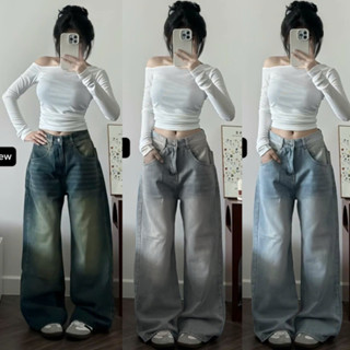 Quần Jean Ống Rộng Nữ MIAA Wash Bụi Màu Đen Và Xanh Lưng Cao Phong Cách Retro Ulzzang Hàn Quốc