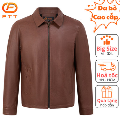Áo khoác da bò nam nâu loang Collar Jacket dáng suông FTT Leather da thật bền bỉ không bong, tróc AD417B