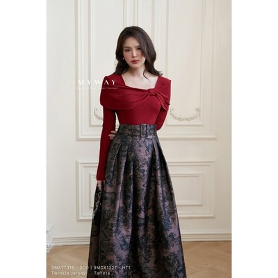 Áo Thun Nữ Dài Tay Nhung Nơ Lệch Vai MY WAY – Scarlet Charm  Sang Trọng & Quyến Rũ 9MAT7316