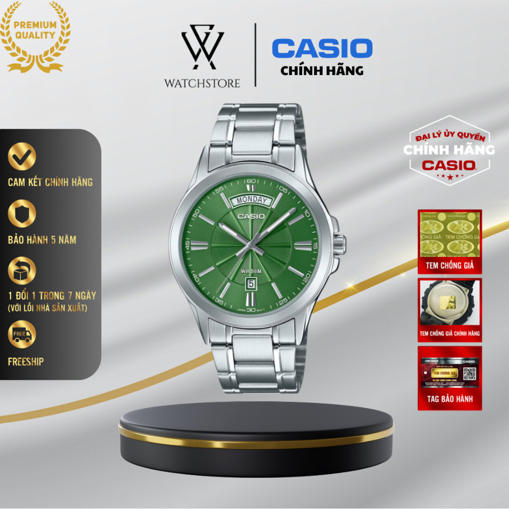 Đồng Hồ Casio Nam MTP-1381D-3AVDF Mặt Xanh Dạ Quang Kính Khoáng 39.9mm Chống Nước Dây Kim Loại Không