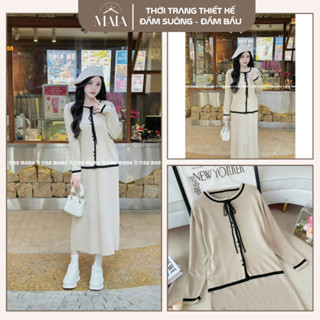  Set đầm bầu thời trang thu đông  set váy bầu thiết kế len lông thỏ 2 chi tiết phối viền cách điệu siêu xinh 3 màu 